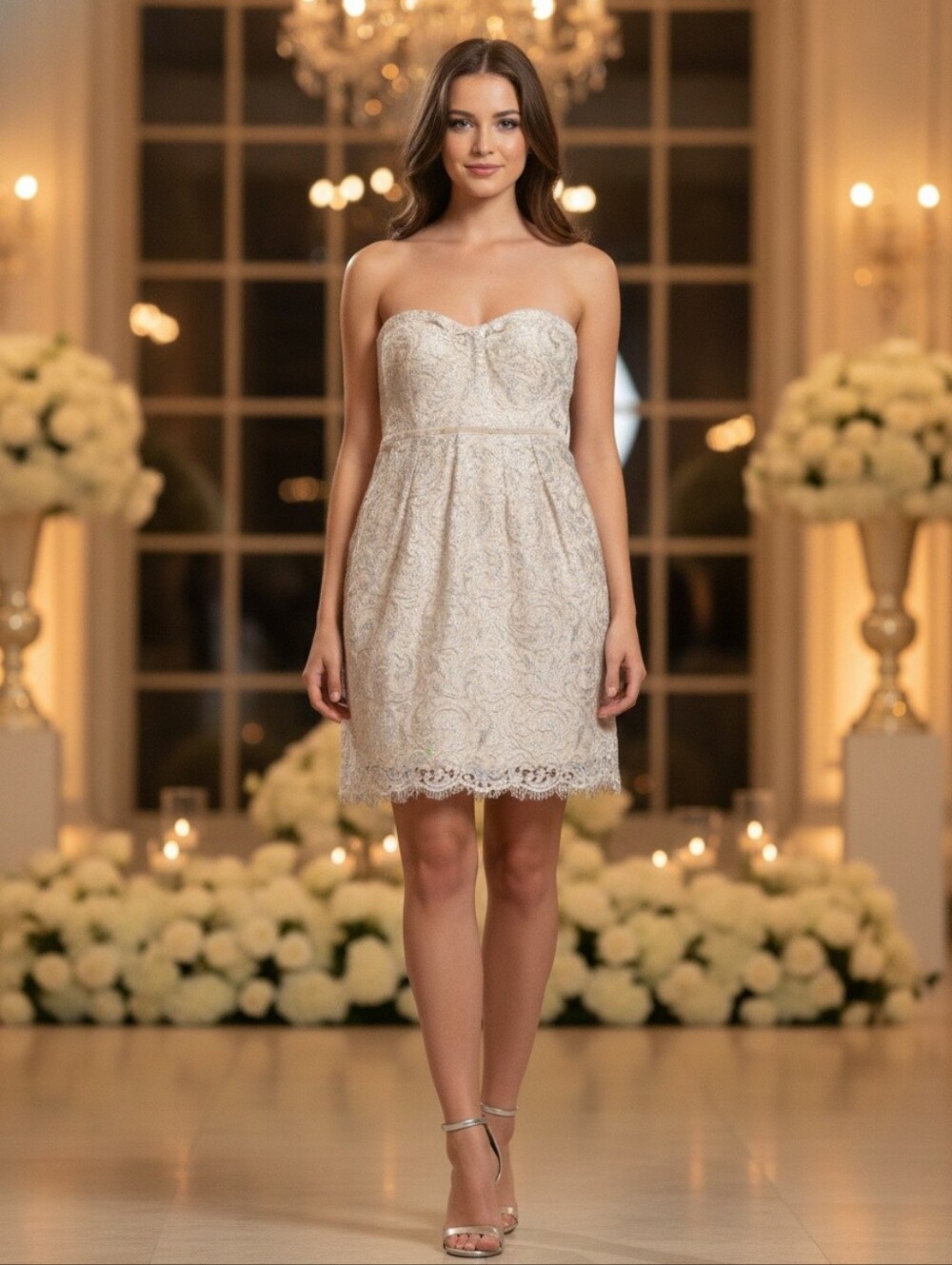 Jenny Yoo Collection Silver Metallic Trimmed Mini Strapless Dress Size 4
